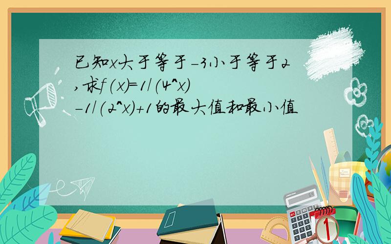 已知x大于等于-3小于等于2,求f(x)=1/(4^x)-1/(2^x)+1的最大值和最小值