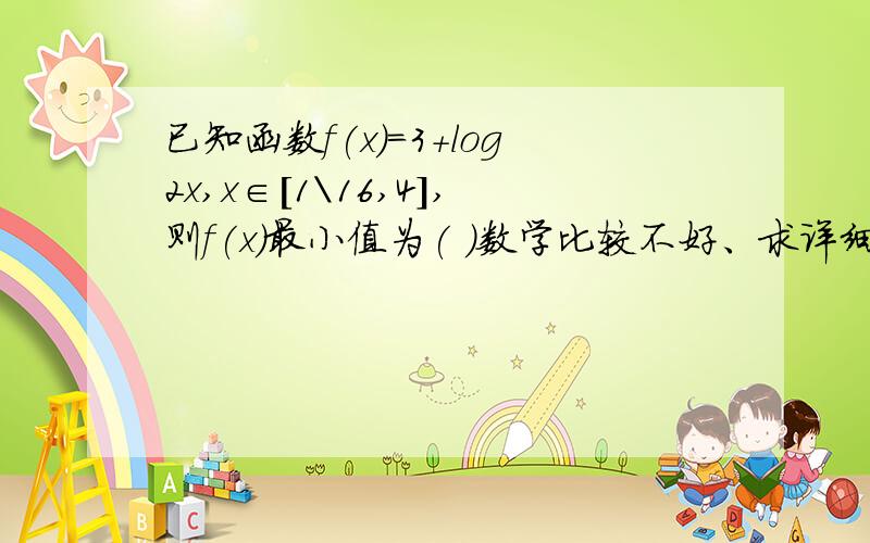 已知函数f(x)=3+log2x,x∈[1\16,4],则f(x)最小值为( )数学比较不好、求详细易懂的讲解、、谢谢、、