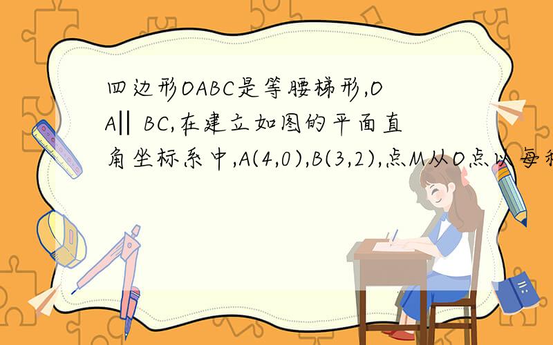 四边形OABC是等腰梯形,OA‖BC,在建立如图的平面直角坐标系中,A(4,0),B(3,2),点M从O点以每秒3个单位的速度从终点A运动；同时点N从B点出发以每秒1个单位的速度从终点C运动,过点N作NP垂直于x轴于P