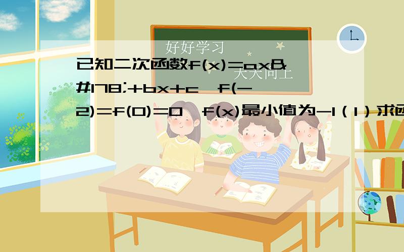 已知二次函数f(x)=ax²+bx+c,f(-2)=f(0)=0,f(x)最小值为-1（1）求函数f(x)的解析式（2）设g(x)=f(-x)-mf(x)+1,若g(x)在[-1,1]上是减函数,求实数m的取值范围（3）设函数h(x)=log2[p-f(x)] ,这个是以2为底数的,若