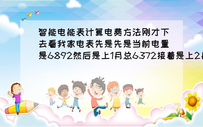 智能电能表计算电费方法刚才下去看我家电表先是先是当前电量是6892然后是上1月总6372接着是上2月总5796 怎么计算电费是用当前电量乘以电费价格就行了吗?还有上1月总和上2月总都是什么意