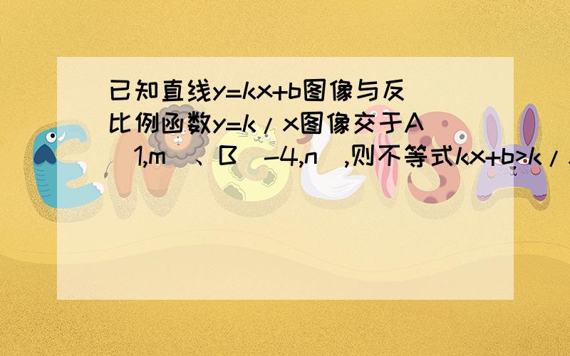 已知直线y=kx+b图像与反比例函数y=k/x图像交于A(1,m)、B（-4,n）,则不等式kx+b>k/x的解集___________.