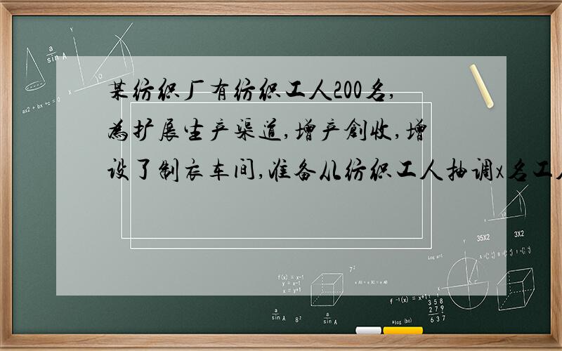 某纺织厂有纺织工人200名,为扩展生产渠道,增产创收,增设了制衣车间,准备从纺织工人抽调x名工人到制衣车工作.已知每人每天平均能织布30米或制衣4件（制衣1件用布1.5米）每米获利2元,成衣