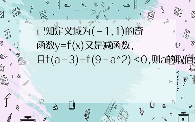 已知定义域为(-1,1)的奇函数y=f(x)又是减函数,且f(a-3)+f(9-a^2)＜0,则a的取值范围