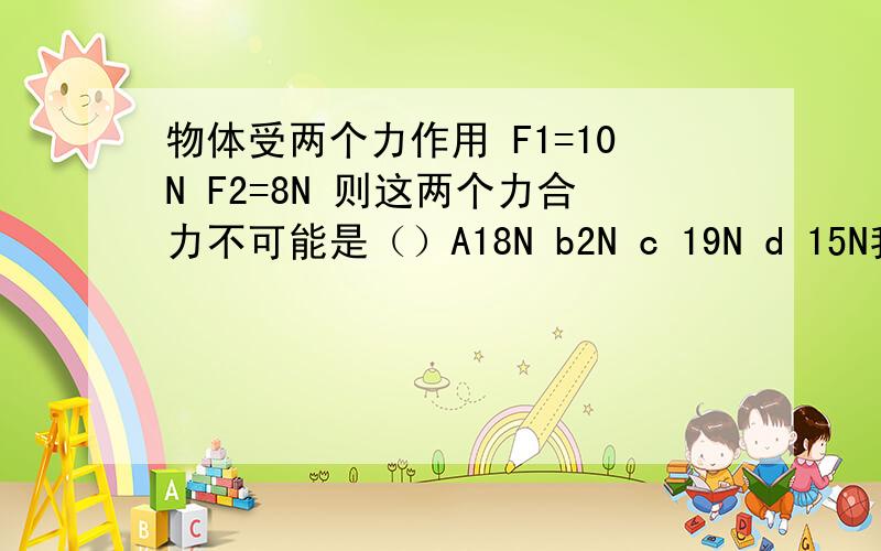 物体受两个力作用 F1=10N F2=8N 则这两个力合力不可能是（）A18N b2N c 19N d 15N我知道选c 求解释为什么选c 为什么不选D?