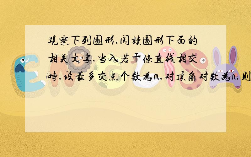 观察下列图形,阅读图形下面的相关文字,当入若干条直线相交时,设最多交点个数为m,对顶角对数为n,则m与n有何关系?