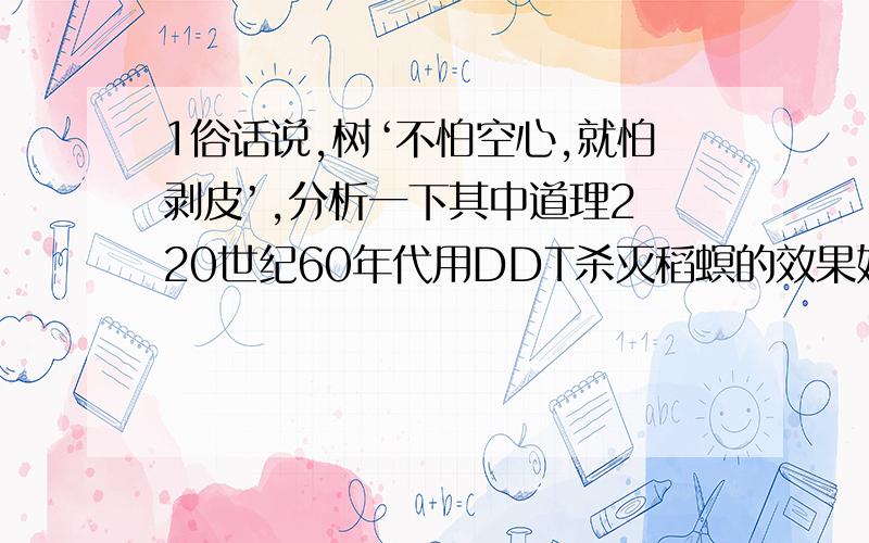 1俗话说,树‘不怕空心,就怕剥皮’,分析一下其中道理2 20世纪60年代用DDT杀灭稻螟的效果好,但到了80年代DDT杀螟效果不好,其原因是什么C选择作用使种群中抗DDT的稻螟比例增大（这个答案错在