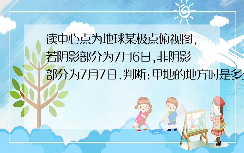 读中心点为地球某极点俯视图,若阴影部分为7月6日,非阴影部分为7月7日.判断:甲地的地方时是多少?那一点是甲地.