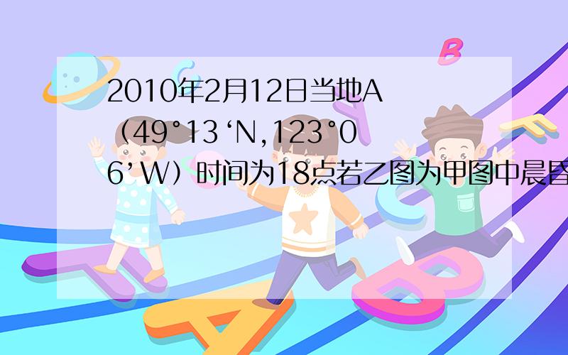 2010年2月12日当地A （49°13‘N,123°06’W）时间为18点若乙图为甲图中晨昏线与某条经线相交位置图,且O点的地方时为6时10分,则O点所在地是（填 晨或昏 ,寒热温带,东西半球）