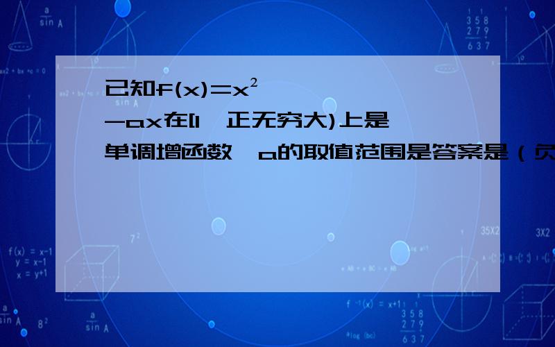 已知f(x)=x²-ax在[1,正无穷大)上是单调增函数,a的取值范围是答案是（负无穷大,