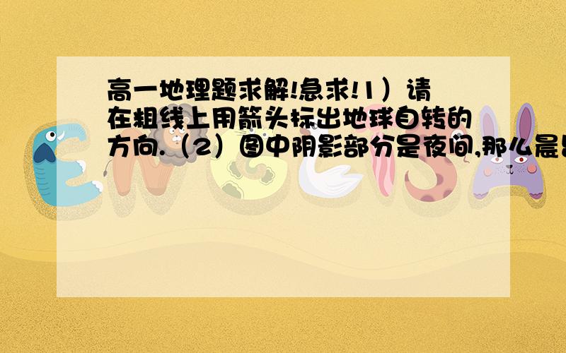 高一地理题求解!急求!1）请在粗线上用箭头标出地球自转的方向.（2）图中阴影部分是夜间,那么晨昏线ABC属于昏线的是___________.（3）D点的地方时是___________时,昼长__________小时.（4）A、B、C