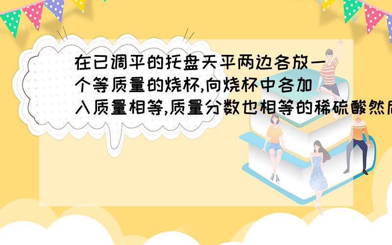 在已调平的托盘天平两边各放一个等质量的烧杯,向烧杯中各加入质量相等,质量分数也相等的稀硫酸然后再在已调平的托盘天平两边各放一个等质量的烧杯,向烧杯中各加入质量相等,质量分数