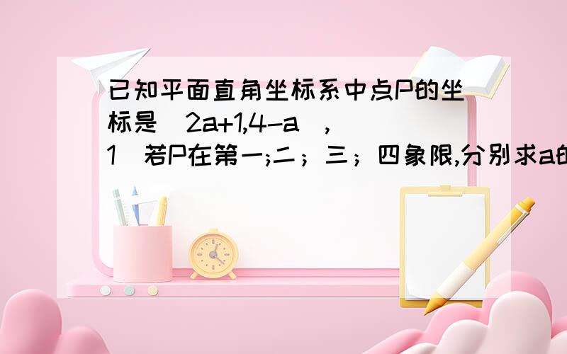 已知平面直角坐标系中点P的坐标是（2a+1,4-a）,（1）若P在第一;二；三；四象限,分别求a的取值范围;