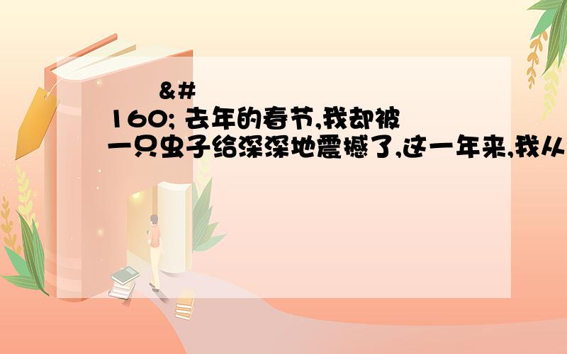     去年的春节,我却被一只虫子给深深地震撼了,这一年来,我从来没有忘记过它,它就像一盏灯,在我心情最灰暗的时刻,送来一缕明媚的光.如今我写着以上的文字,想要描述它时,又仿