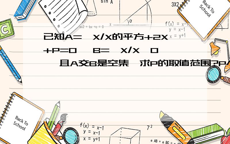 已知A={X/X的平方+2X+P=0} B={X/X>0} 且A交B是空集,求P的取值范围?P小于等于1且大于等于0 ,不过就是搞不明白为什么?