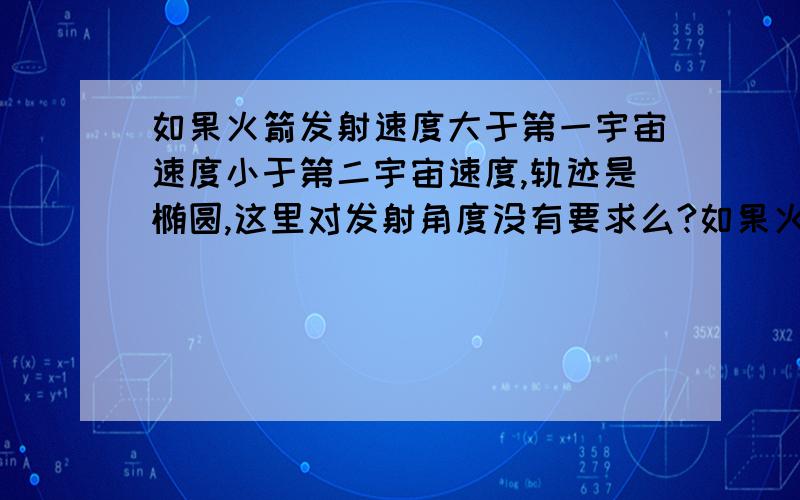 如果火箭发射速度大于第一宇宙速度小于第二宇宙速度,轨迹是椭圆,这里对发射角度没有要求么?如果火箭发射初速度介于2个速度之间,不考虑地球自转,发射角度垂直地面或者只与地面形成一