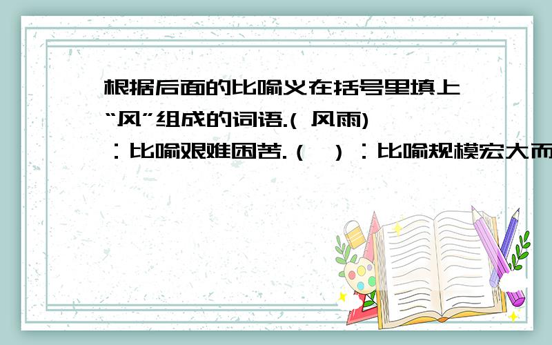 根据后面的比喻义在括号里填上“风”组成的词语.( 风雨)：比喻艰难困苦.（ ）：比喻规模宏大而气势猛烈的事件或现象.（ ）：比喻纠纷或乱子.( )：比喻传播出来的消息.（ )：比喻听过后