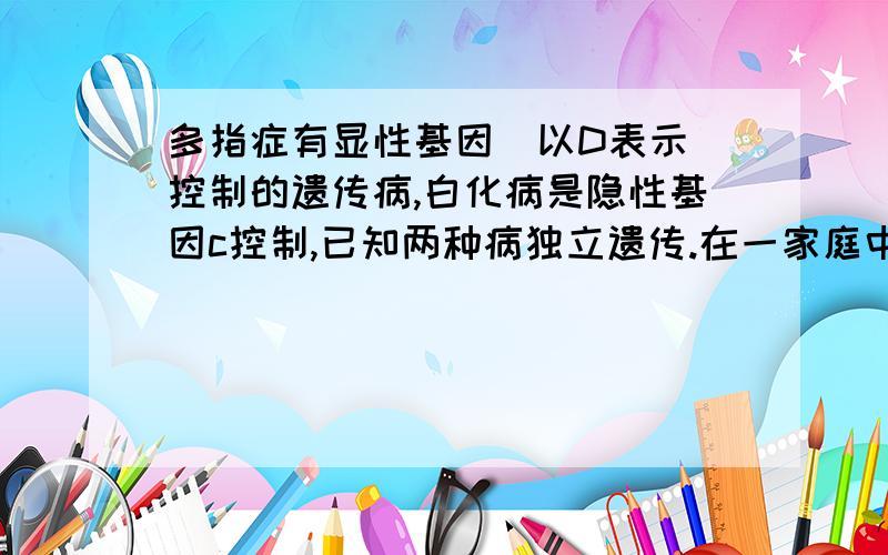 多指症有显性基因（以D表示）控制的遗传病,白化病是隐性基因c控制,已知两种病独立遗传.在一家庭中,父是多指患者,母的表现型正常,婚后生了一个手指正常但患白化病的孩子.父基因型应是D