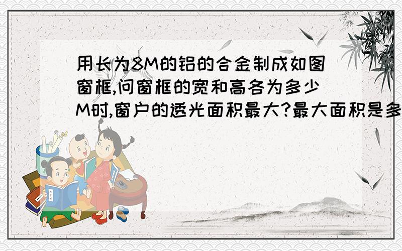 用长为8M的铝的合金制成如图窗框,问窗框的宽和高各为多少M时,窗户的透光面积最大?最大面积是多少