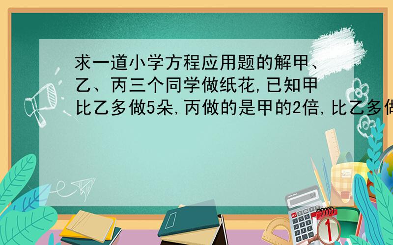 求一道小学方程应用题的解甲、乙、丙三个同学做纸花,已知甲比乙多做5朵,丙做的是甲的2倍,比乙多做22朵,他们一共做了多少朵花?知道的快回答,请写下算式