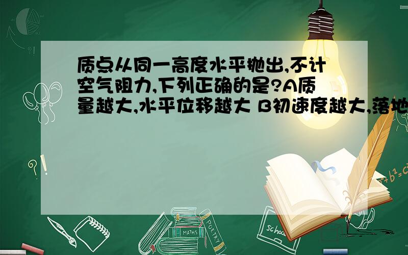 质点从同一高度水平抛出,不计空气阻力,下列正确的是?A质量越大,水平位移越大 B初速度越大,落地时竖直方向的速度越大 C初速度越大,空中运动时间越长 D初速度越大,落地速度越大