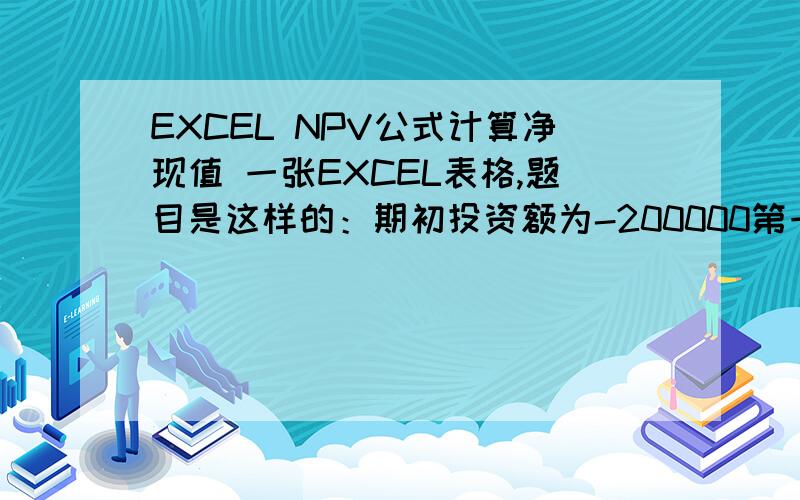 EXCEL NPV公式计算净现值 一张EXCEL表格,题目是这样的：期初投资额为-200000第一年收益为20000第二年收益为40000第三年收益为50000第四年收益为80000第五年收益为120000年收益率8％要求计算净现值