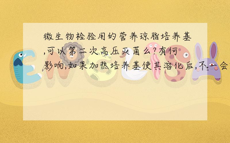 微生物检验用的营养琼脂培养基,可以第二次高压灭菌么?有何影响,如果加热培养基使其溶化后,不一会就会凝而如果用高压灭菌就不会很快凝固,所以想再用高压湿热灭菌,加热使其溶化,可否?