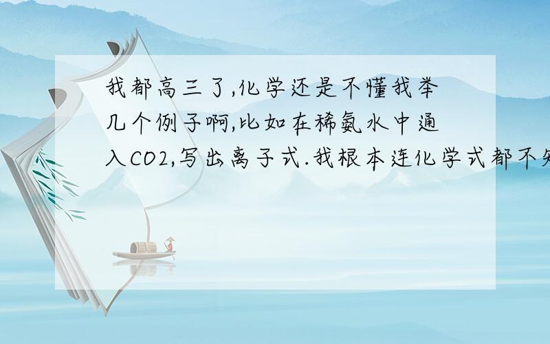 我都高三了,化学还是不懂我举几个例子啊,比如在稀氨水中通入CO2,写出离子式.我根本连化学式都不知道,还说什么离子式,化学式到底是什么?书上没有啊,你们是怎么知道的,方程式要怎么弄啊?