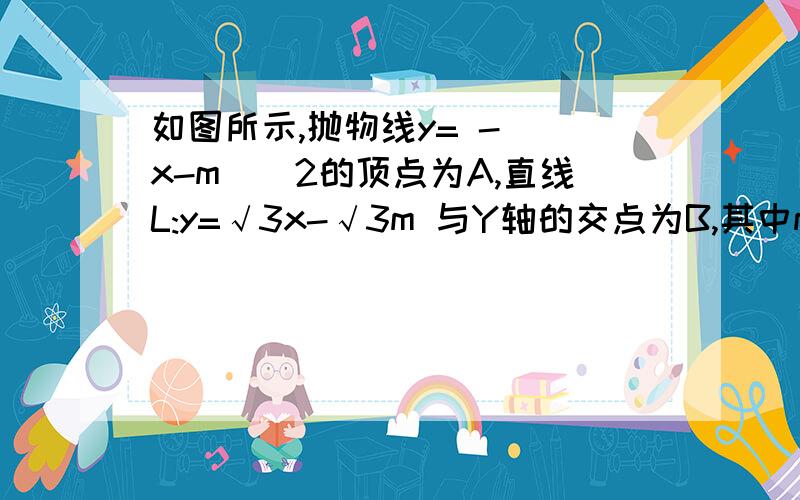 如图所示,抛物线y= - (x-m)^2的顶点为A,直线L:y=√3x-√3m 与Y轴的交点为B,其中m>0(1)写出抛物线对称轴及顶点A的坐标(用含m的代数式表示);(2)证明点A在直线L上,并求∠OAB的度数;(3)动点Q在抛物线对