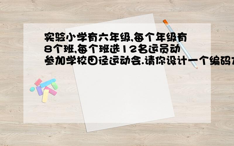 实验小学有六年级,每个年级有8个班,每个班选12名运员动参加学校田径运动会.请你设计一个编码方案,要求是:要能一看就知道是哪个年级、哪个班级、哪个运动员.