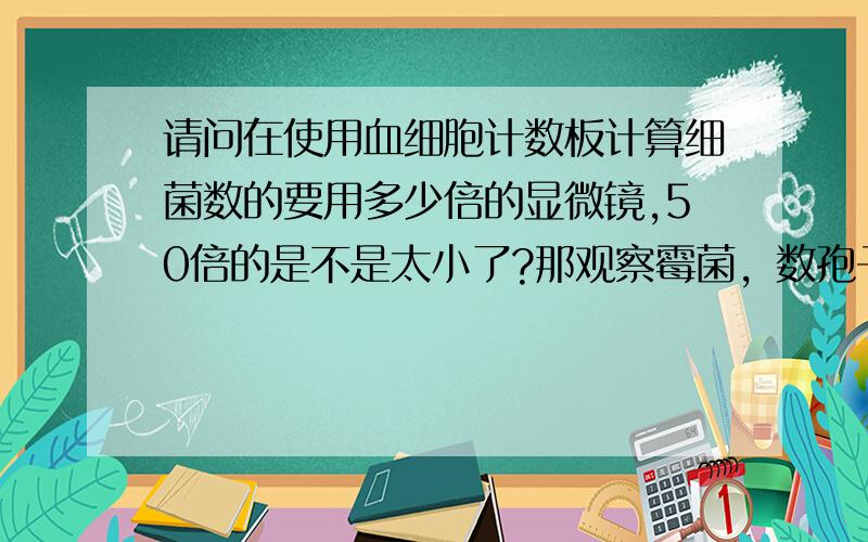 请问在使用血细胞计数板计算细菌数的要用多少倍的显微镜,50倍的是不是太小了?那观察霉菌，数孢子能用50倍的吗？