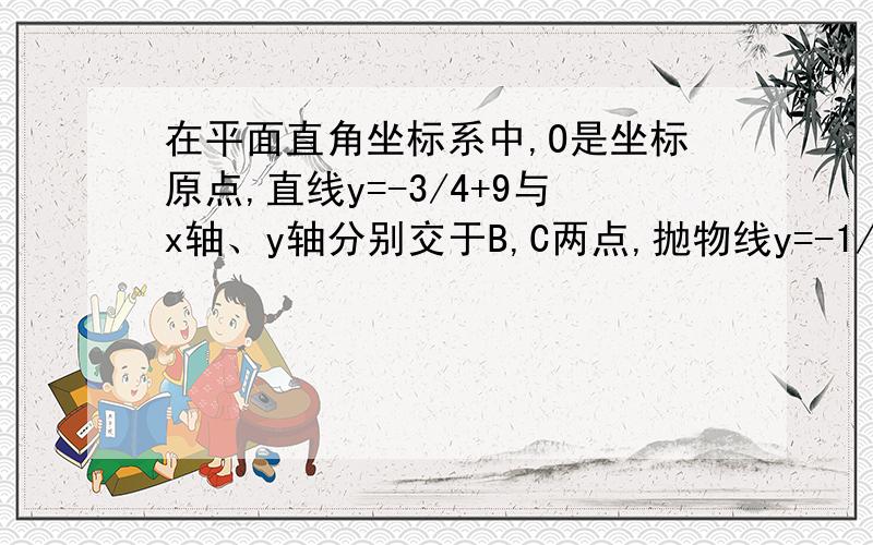 在平面直角坐标系中,O是坐标原点,直线y=-3/4+9与x轴、y轴分别交于B,C两点,抛物线y=-1/4^+bx+经过B,C