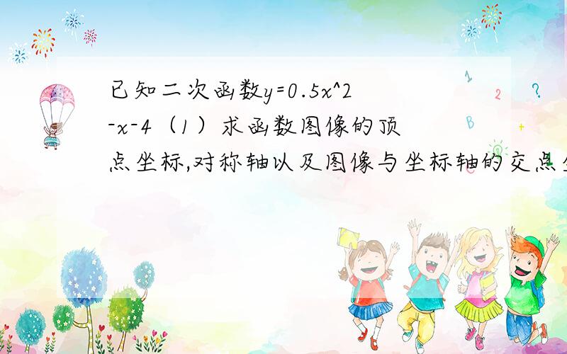 已知二次函数y=0.5x^2-x-4（1）求函数图像的顶点坐标,对称轴以及图像与坐标轴的交点坐标,并画出该函数的大致图像