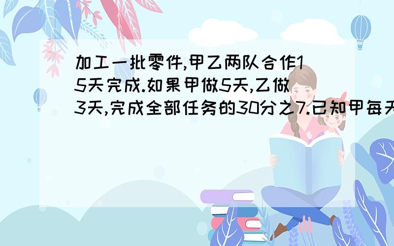 加工一批零件,甲乙两队合作15天完成.如果甲做5天,乙做3天,完成全部任务的30分之7.已知甲每天做18个…加工一批零件,甲乙两队合作15天完成.如果甲做5天,乙做3天,完成全部任务的30分之7.已知