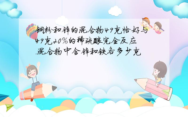 铜粉和锌的混合物49克恰好与49克20%的稀硫酸完全反应.混合物中含锌和铁各多少克