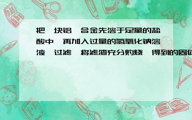 把一块铝镁合金先溶于足量的盐酸中,再加入过量的氢氧化钠溶液,过滤,将滤渣充分灼烧,得到的固体残留物恰好与原合金质量相等,则合金质量中的铝的质量分数是多少?