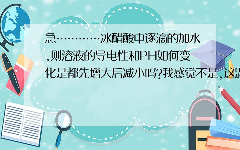 急…………冰醋酸中逐滴的加水,则溶液的导电性和PH如何变化是都先增大后减小吗?我感觉不是,这题是逐滴加水!是不是和向冰醋酸中加水不同?求详细回答,