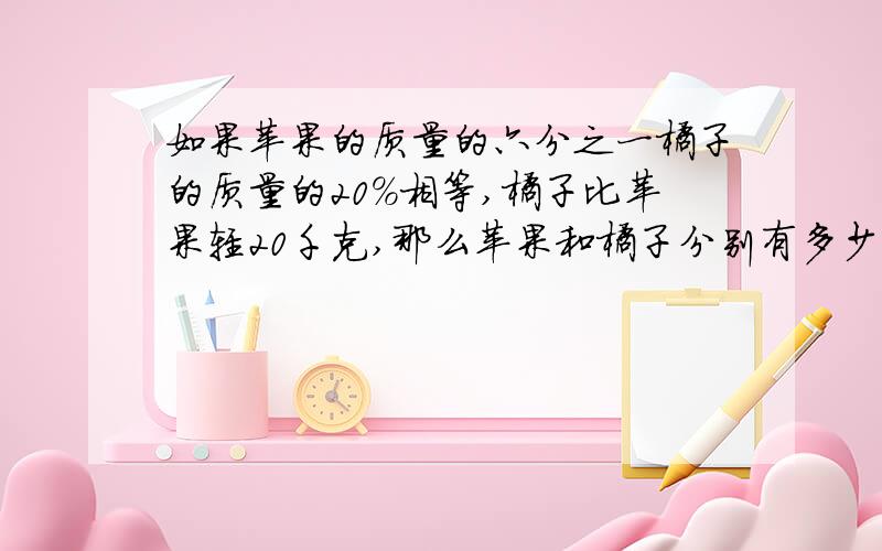 如果苹果的质量的六分之一橘子的质量的20%相等,橘子比苹果轻20千克,那么苹果和橘子分别有多少千克?