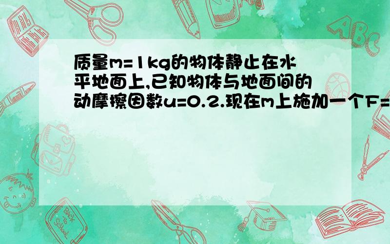 质量m=1kg的物体静止在水平地面上,已知物体与地面间的动摩擦因数u=0.2.现在m上施加一个F=5N的水平拉力,接上面的作用4s后撤去.求：1.拉力F撤去时,物体的速度大小；2.从拉力F开始作用到最后停