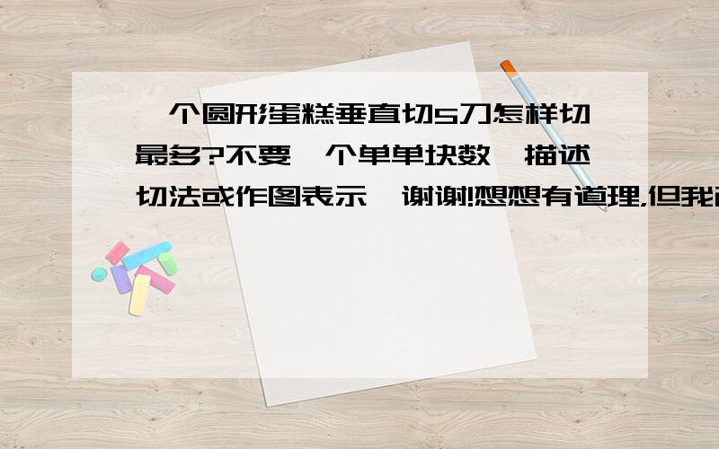 一个圆形蛋糕垂直切5刀怎样切最多?不要一个单单块数,描述切法或作图表示,谢谢!想想有道理，但我画不出，谁贴个图？