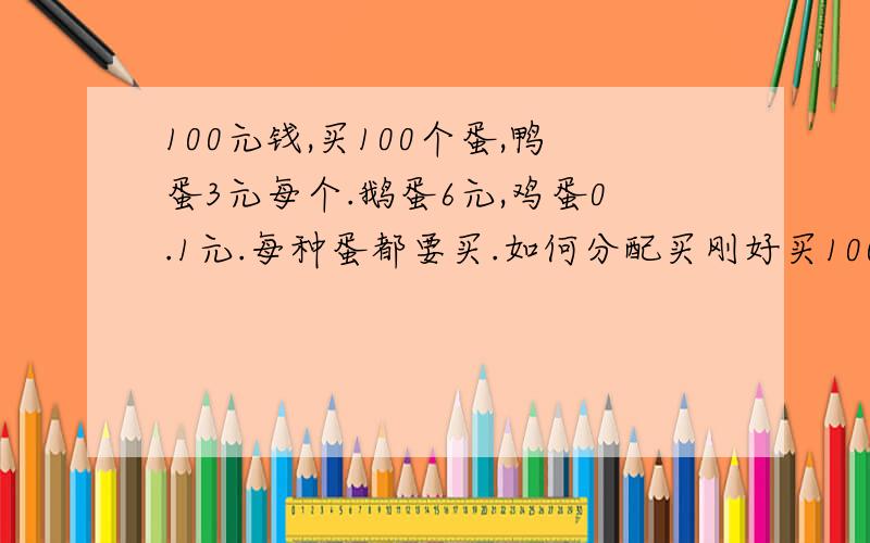 100元钱,买100个蛋,鸭蛋3元每个.鹅蛋6元,鸡蛋0.1元.每种蛋都要买.如何分配买刚好买100个100元钱?