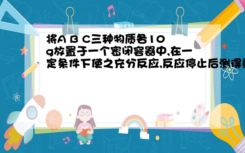 将A B C三种物质各10 g放置于一个密闭容器中,在一定条件下使之充分反应,反应停止后测得剩余物质的质量分别是 4g的A 15g的B,同时发现一种新物质D,问：1.此反应中的反应物是?2.在此反应中生成