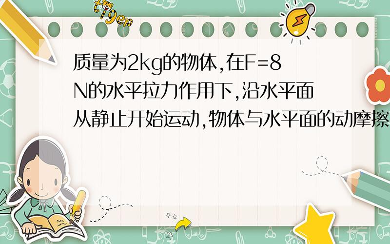 质量为2kg的物体,在F=8N的水平拉力作用下,沿水平面从静止开始运动,物体与水平面的动摩擦因数为0.1求：物体运动的加速度大小2.当物体速度达到10m/s时候,立即撤去水平拉力,物体还能向前滑行