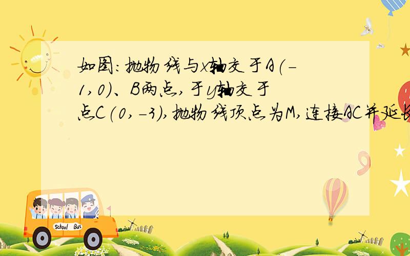 如图:抛物线与x轴交于A(-1,0)、B两点,于y轴交于点C(0,-3),抛物线顶点为M,连接AC并延长交抛物线于点Q,且点Q到x轴的距离为6.求此抛物线的解析式急