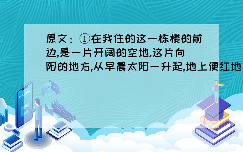 原文：①在我住的这一栋楼的前边,是一片开阔的空地.这片向阳的地方,从早晨太阳一升起,地上便红地毯一般,铺满了霞光.中午,一直到傍晚,太阳被西边的高楼遮挡之前,空地上都是一片明媚的