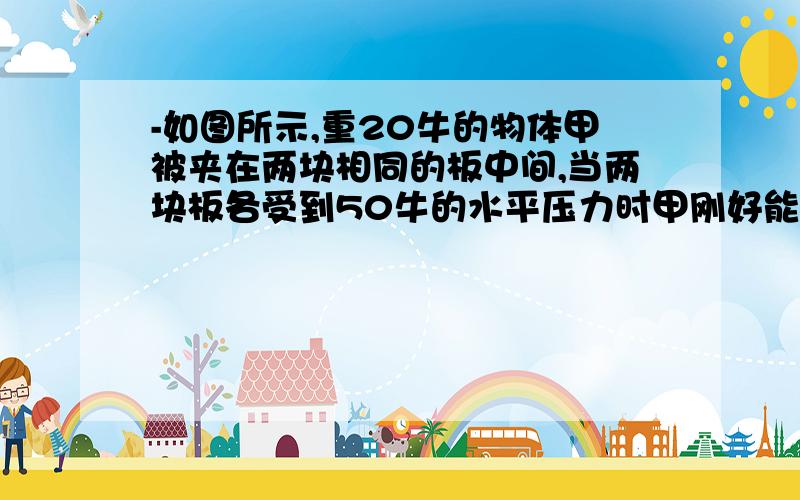 -如图所示,重20牛的物体甲被夹在两块相同的板中间,当两块板各受到50牛的水平压力时甲刚好能匀速下滑,-------若要将从上方匀速抽出来,所用的拉力为_________牛.