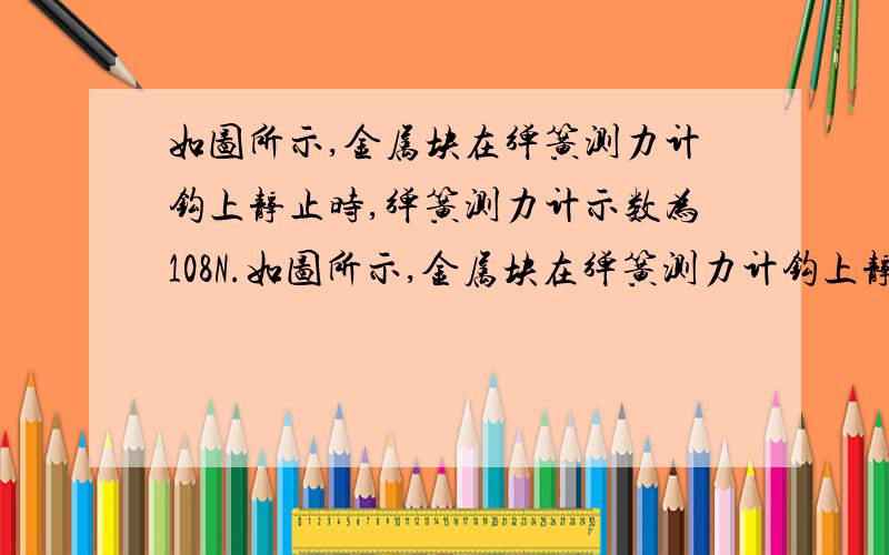 如图所示,金属块在弹簧测力计钩上静止时,弹簧测力计示数为108N.如图所示,金属块在弹簧测力计钩上静止时,弹簧测力计示数为108N；当金属块全部浸入圆柱形容器的水中（金属块不与容器底壁