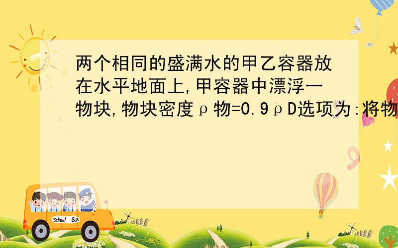 两个相同的盛满水的甲乙容器放在水平地面上,甲容器中漂浮一物块,物块密度ρ物=0.9ρD选项为:将物块缓慢下压至浸没的过程中,物块受到的压力和浮力的合力不变请问D为什么正确?物体受到的