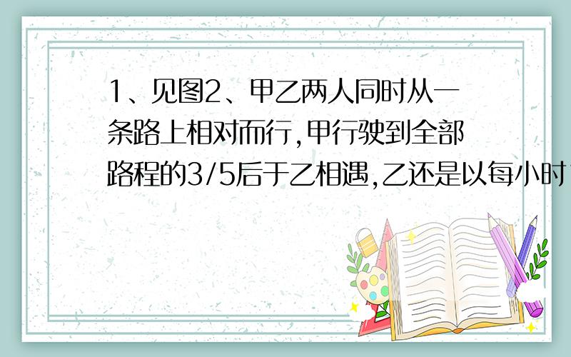 1、见图2、甲乙两人同时从一条路上相对而行,甲行驶到全部路程的3/5后于乙相遇,乙还是以每小时10千米的速度行驶2.5小时候到达终点,问甲的速度是多少?