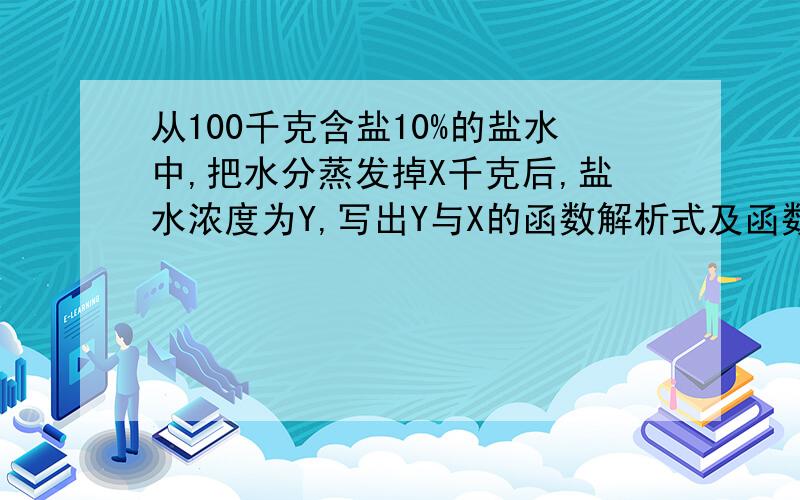 从100千克含盐10%的盐水中,把水分蒸发掉X千克后,盐水浓度为Y,写出Y与X的函数解析式及函数的定义域